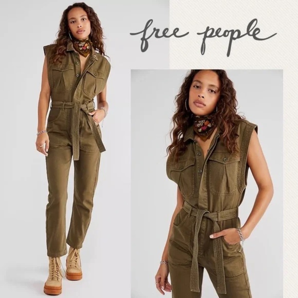 Free People Khaki Belted Jumpsuit